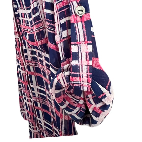 PaperMoon Stitch Fix XSP Navy pink pullover semi sheer, pockets, roll sleeve EUC - Picture 3 of 8